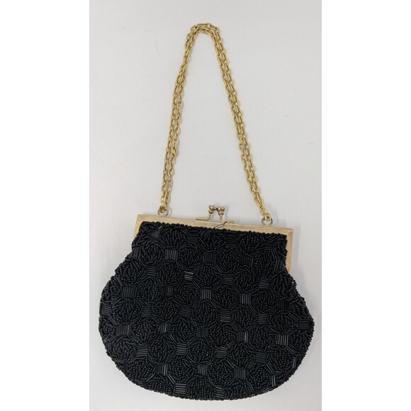 Handbags - Vintage Black Beaded Evening Bag Handmade Hong Kong Gold Kiss Clasp Old Money